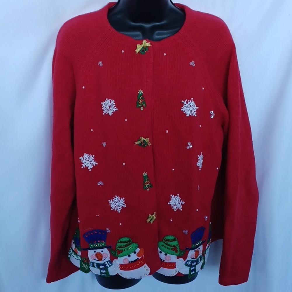 Vintage Heirloom Collectibles Snowmen Embroidered Cardigan Sz M, 23" PTP, 23"L